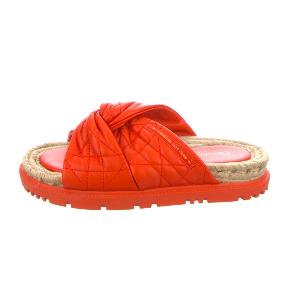 AUTHENTIC CHRISTIAN DIOR LEATHER SLIDES JUTE & RUBBER TRIM ORANGE COLOR